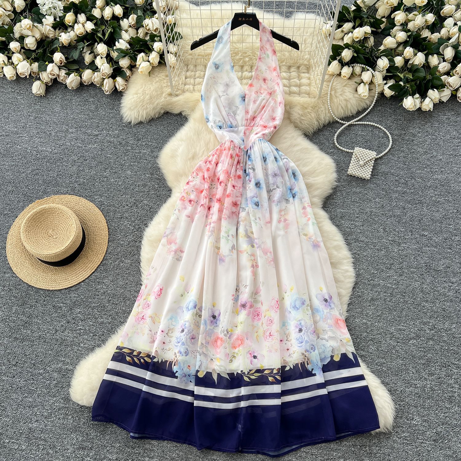 Women's Retro Ethnic Style Waist-tight Halter Backless Female Dress