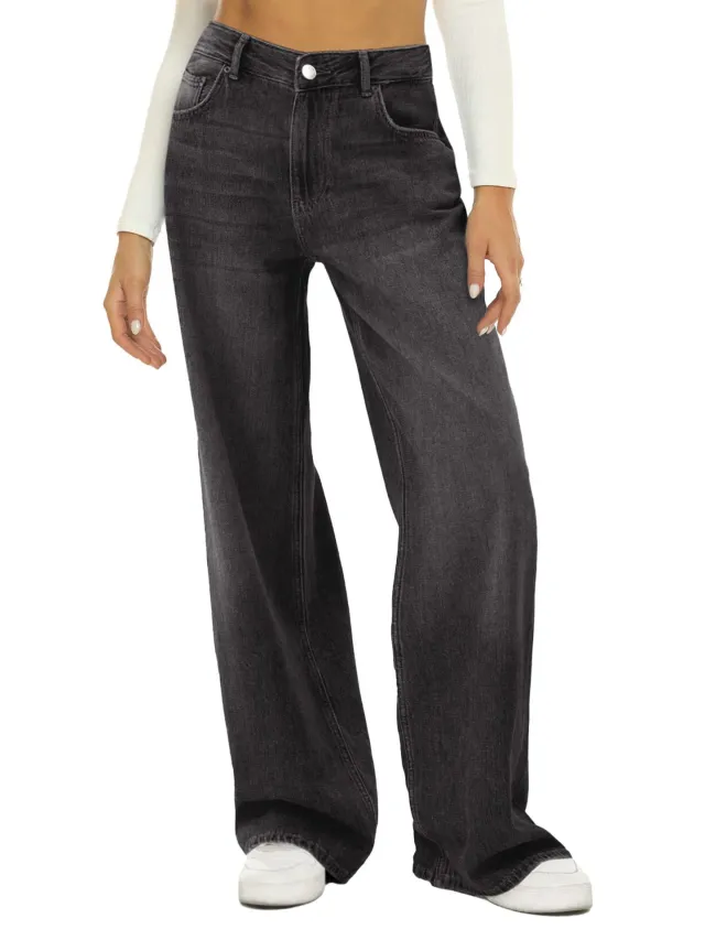 Women's Loose Wide leg Jeans Pure Color Casual Versatile Denim Trousers Black - Shop at LoveMi
