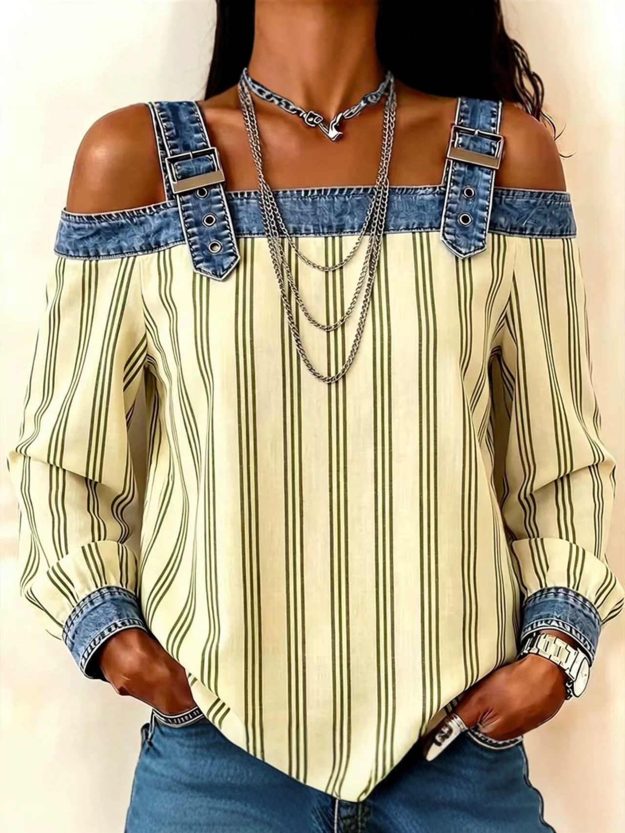 Womens Denim Patchwork Off-Shoulder Top