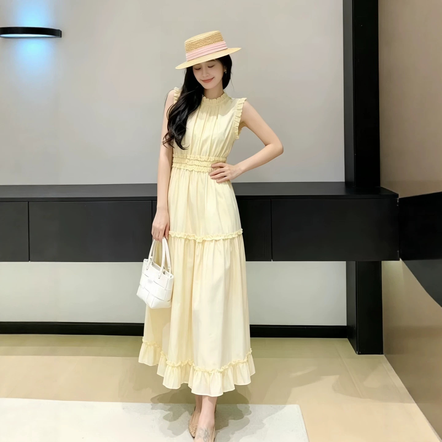 Summer French-style Pale Yellow Womens Sleeveless Dress With Ruffled Trim