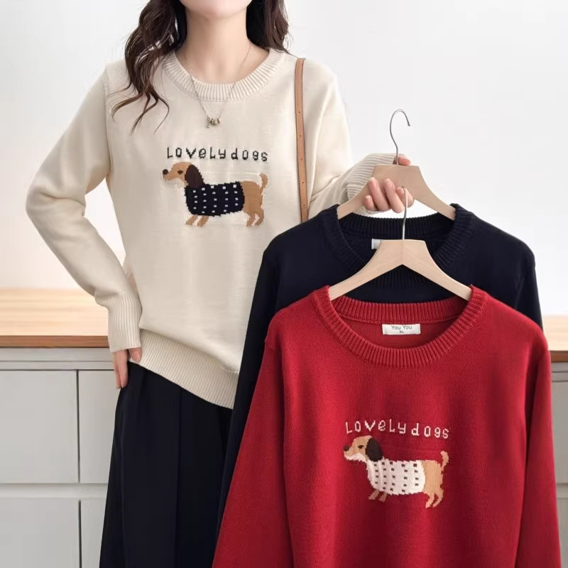 Cartoon Puppy Jacquard Crew-Neck Pullover Sweater For Women Soft Cozy And Warm Knitted Base Layer Top