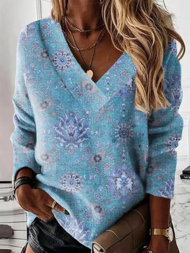 Plus Size Loose V neck Printed Top Blue - Shop at LoveMi