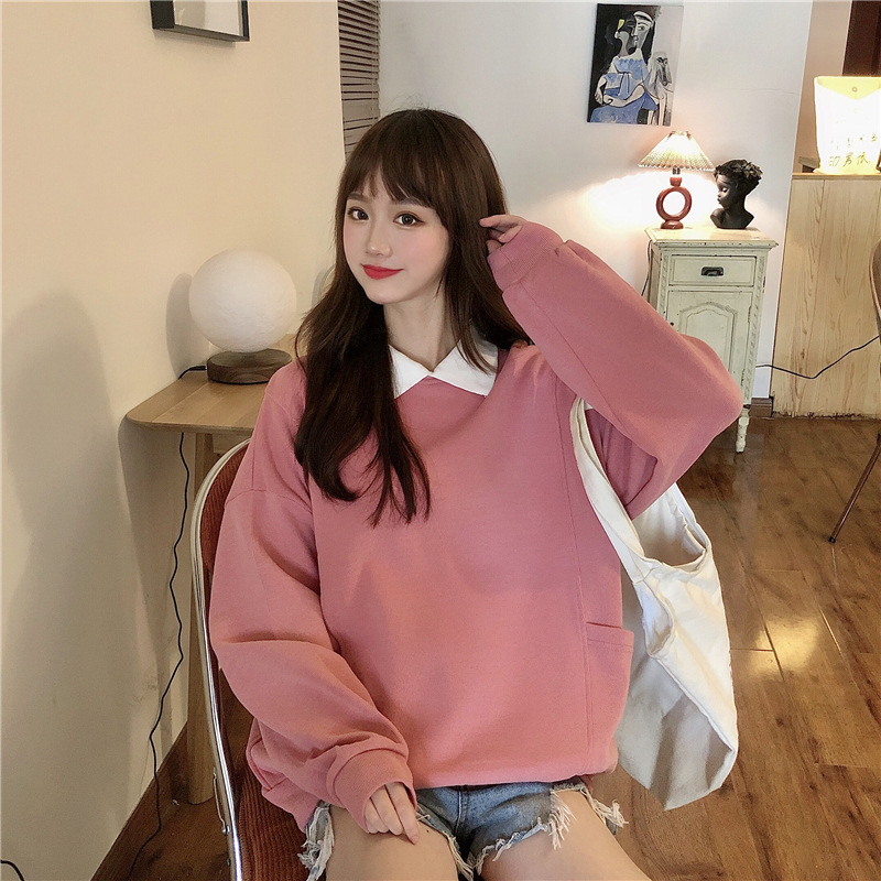 Autumn New Polo Collar Sweater Women's Hong Kong Style Loose All-match Casual Sweatshirt Pocket Long Sleeve Sweater