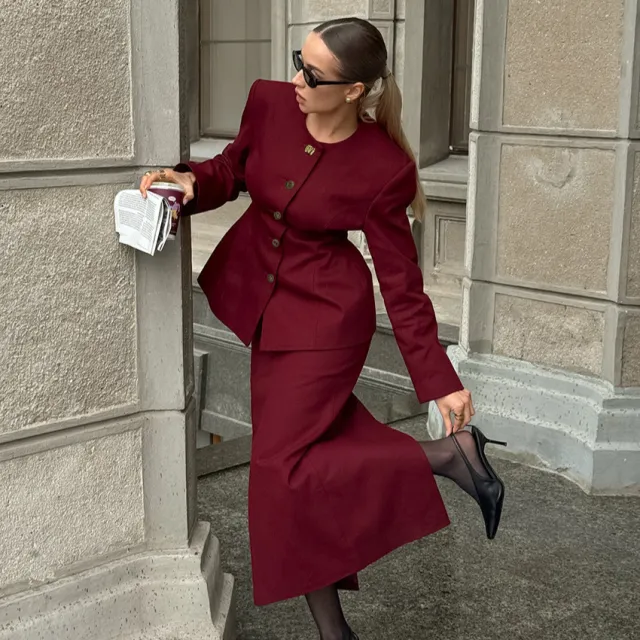 Round neck Long sleeved Jacket With Slit Skirt Women's Fashion Casual Two piece Set Red - Shop at LoveMi