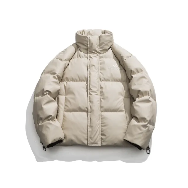 Couple Retro Stand Collar Embroidery Down Jacket Creamy White - Shop at LoveMi