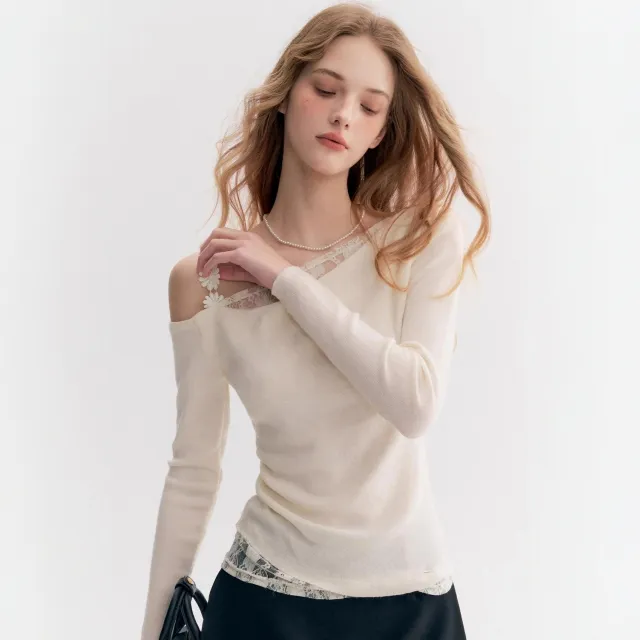 Women's Fashionable Lace trimmed Off the shoulder Long sleeve Top White - Shop at LoveMi