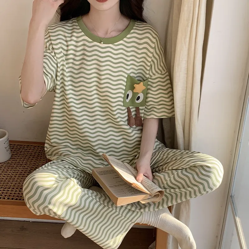 Summer Pyjamas Women's Short-sleeved Trousers Cotton Two-piece Set - Hz33508