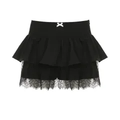 Sweet And Spicy Lace Layered Cake Dress Design Sense Pleated Slim-fit Skirt - Black - View 1