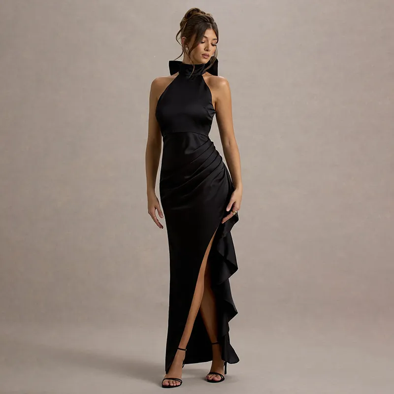 Individualized Lace-trimmed Split Dress - Black
