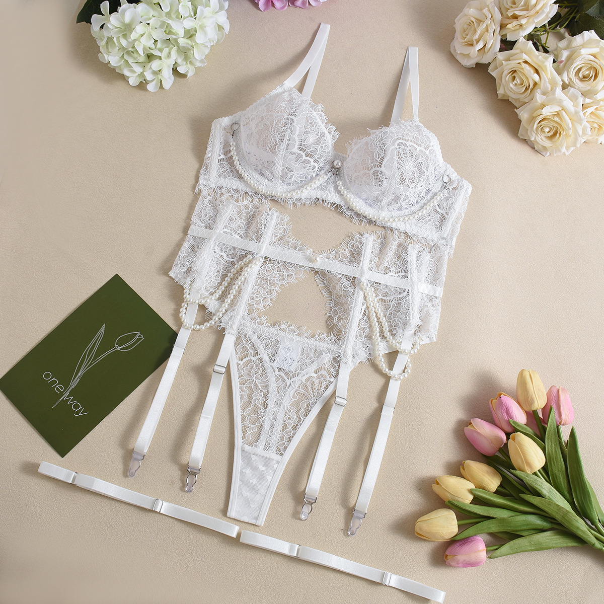 Bra See through Lace Fishbone Pearl Decorative Sexy Lingerie 4 piece Set White - Shop at LoveMi