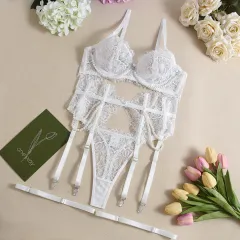 Bra See-through Lace Fishbone Pearl Decorative Sexy Lingerie 4-piece Set - White - View 1