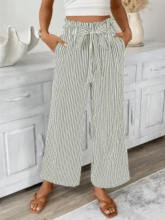 Women's Striped Elegant Straight-leg Pants - Army Green - View 1
