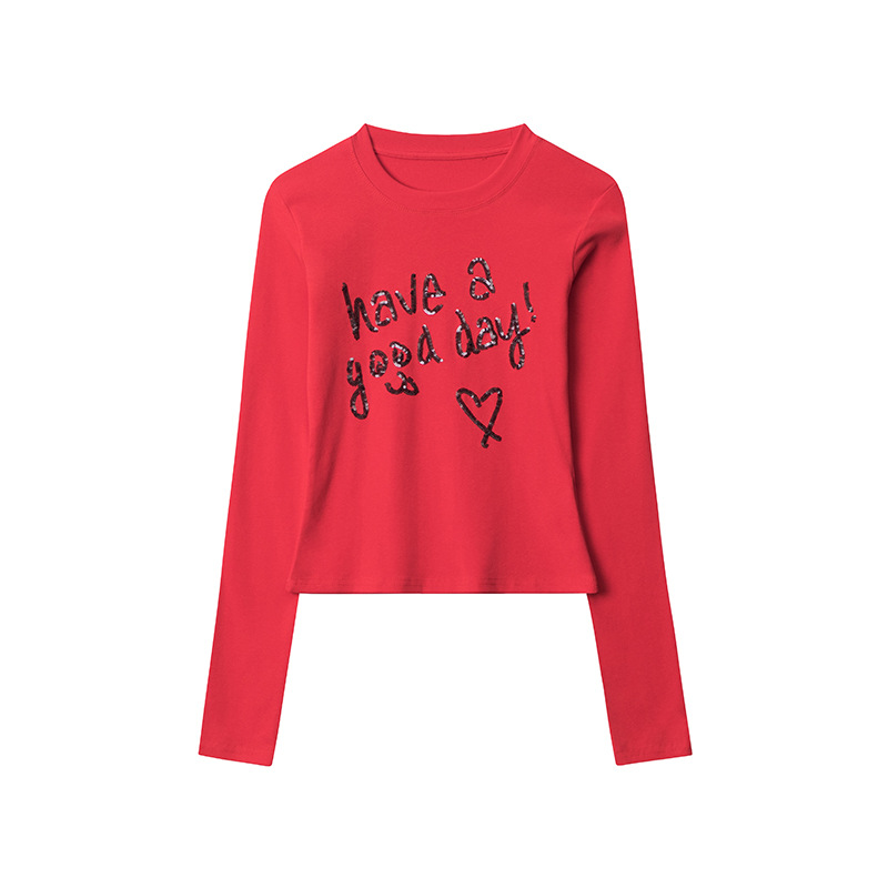 European And American Love Letter Sequin Embroidery Long Sleeve Red - Shop at LoveMi