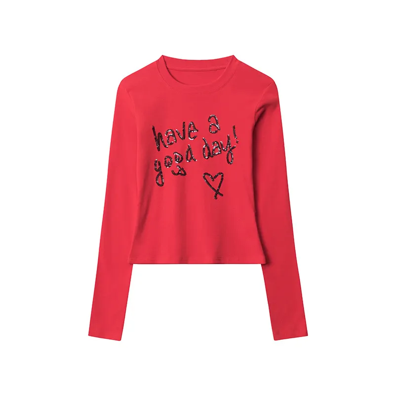 European And American Love Letter Sequin Embroidery Long Sleeve - Red