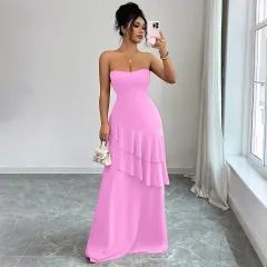 European And American Elegant Style Strapless Cake Skirt Dress Women's Clothing - Pink - View 1