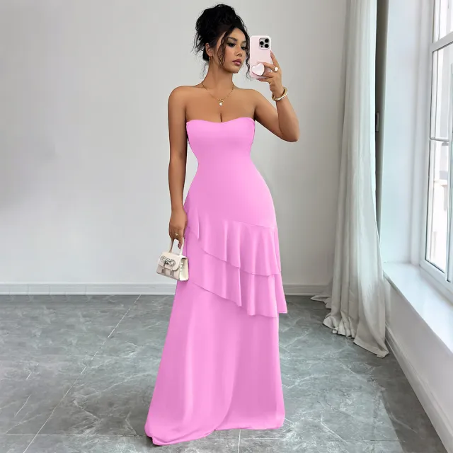 European And American Elegant Style Strapless Cake Skirt Dress Women's Clothing Pink - Shop at LoveMi