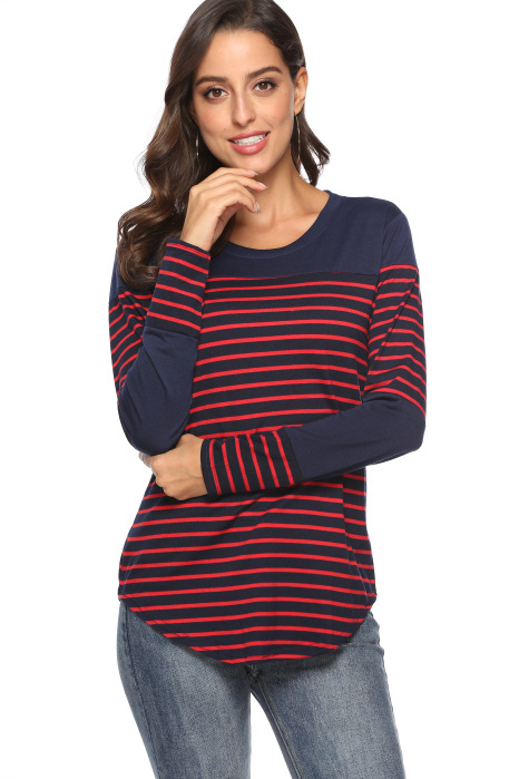 Title 8, Casual striped stitching long-sleeved loose T-s...