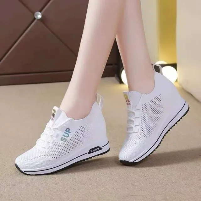 Platform Sneaker Fashionable Flying Woven Breathable Running Shoes White - Shop at LoveMi