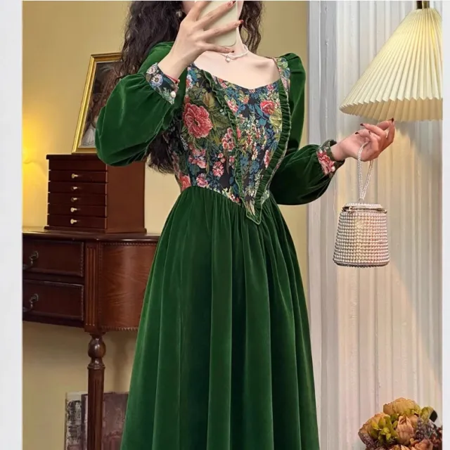 Green Rich Jacquard Dress Long Sleeve Green - Shop at LoveMi