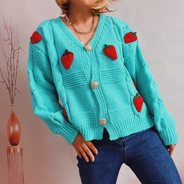 Women's Fashion Casual Loose Strawberry Embroidery Single breasted Sweater Green - Shop at LoveMi