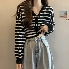 French Style Classic Style Cardigan Knitted Short Striped Sweater - Black - View 1