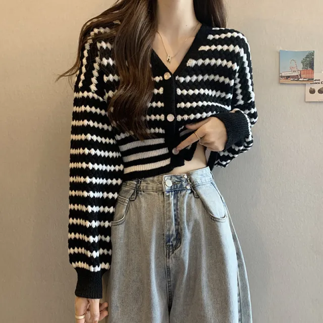 French Style Classic Style Cardigan Knitted Short Striped Sweater Black - Shop at LoveMi