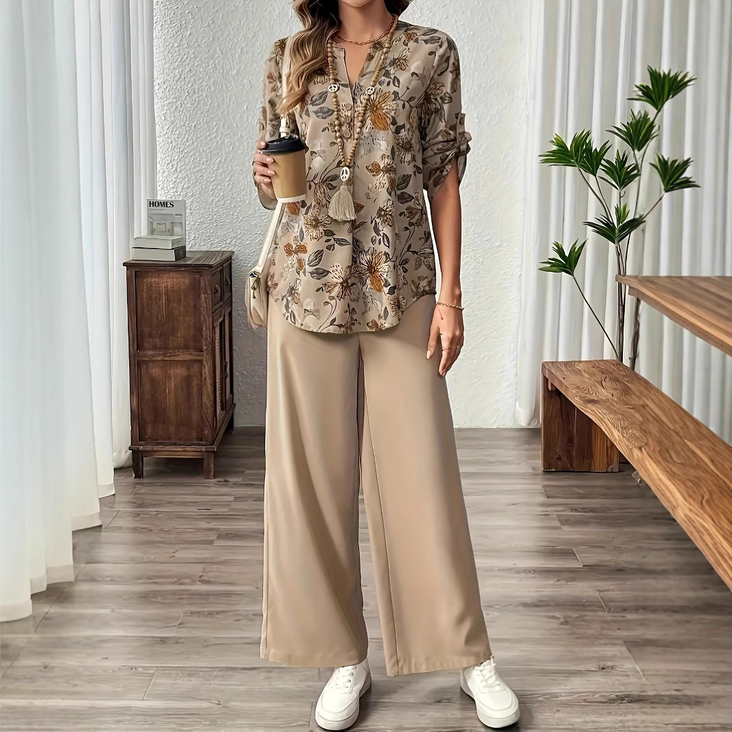 Khaki Printed Wide Leg Relaxed Casual Suit