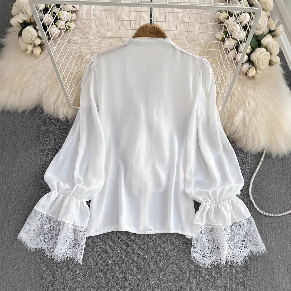 Womens Retro Elegant Loose-Fit Lace-Patch Flare-Sleeve Shirt - Image 2