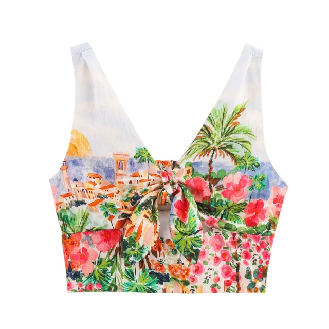 Pure Color Desire Style Printed Bow Tie Sling Top Picture Color L - Shop at LoveMi