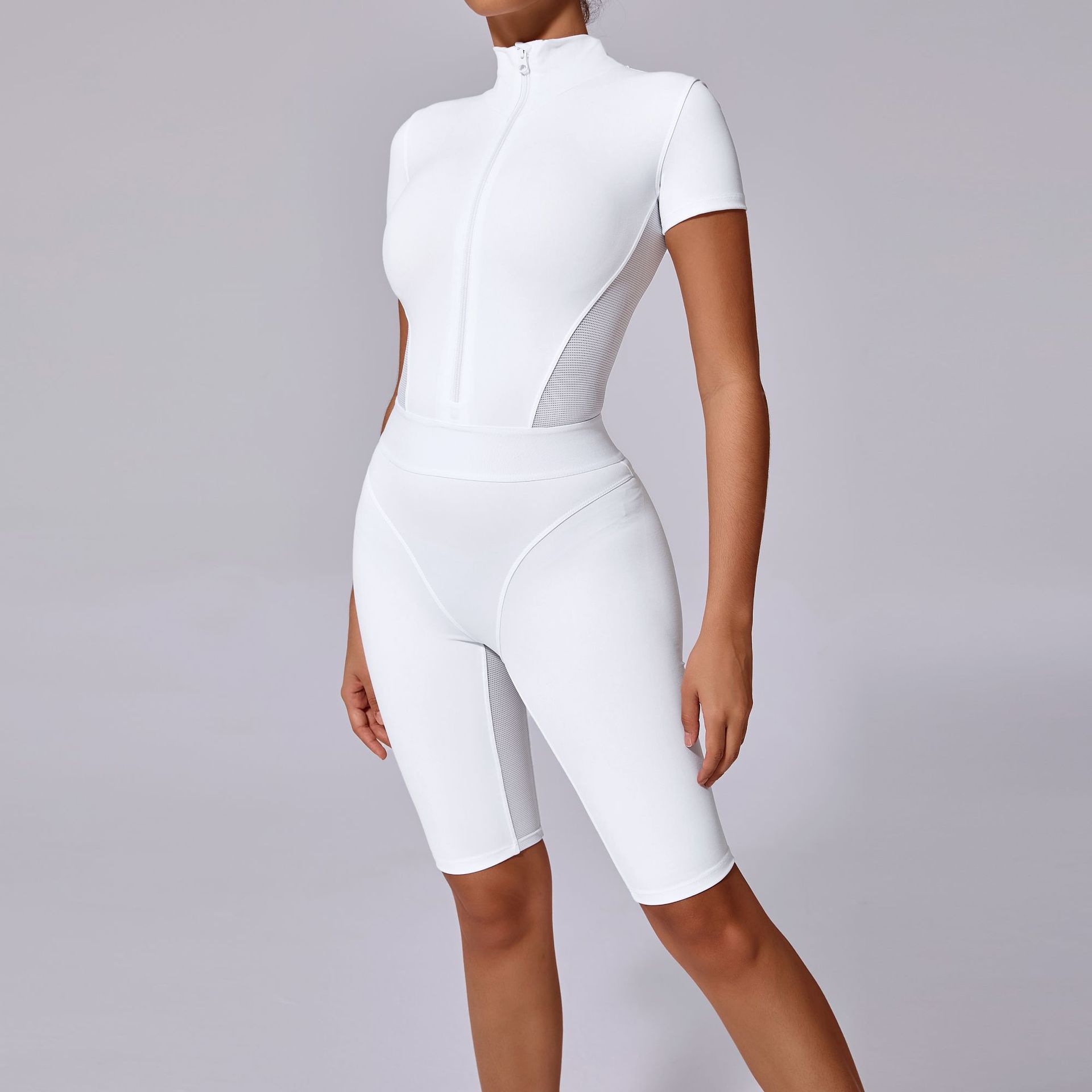 Title 14, Tight Waist Open Collar Zipper Short Sleeve Yog...