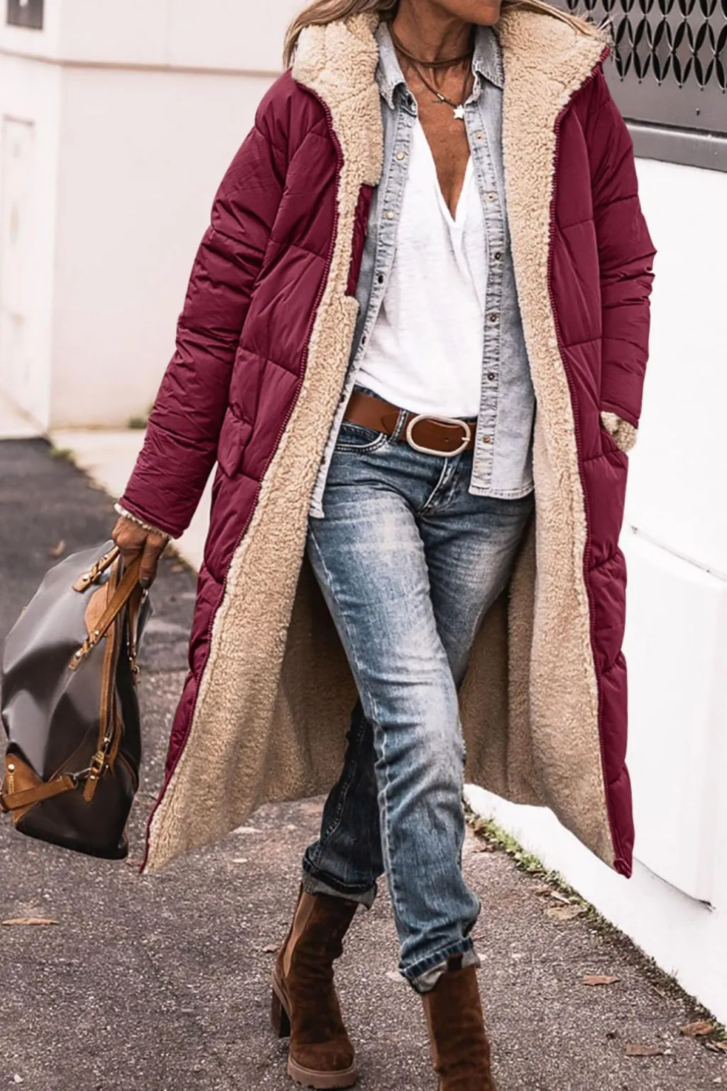 Solid Color Hooded Cotton Long Sleeve Double-sided Wear Slim Fit Elegant Cardigan Coat Top - Wine