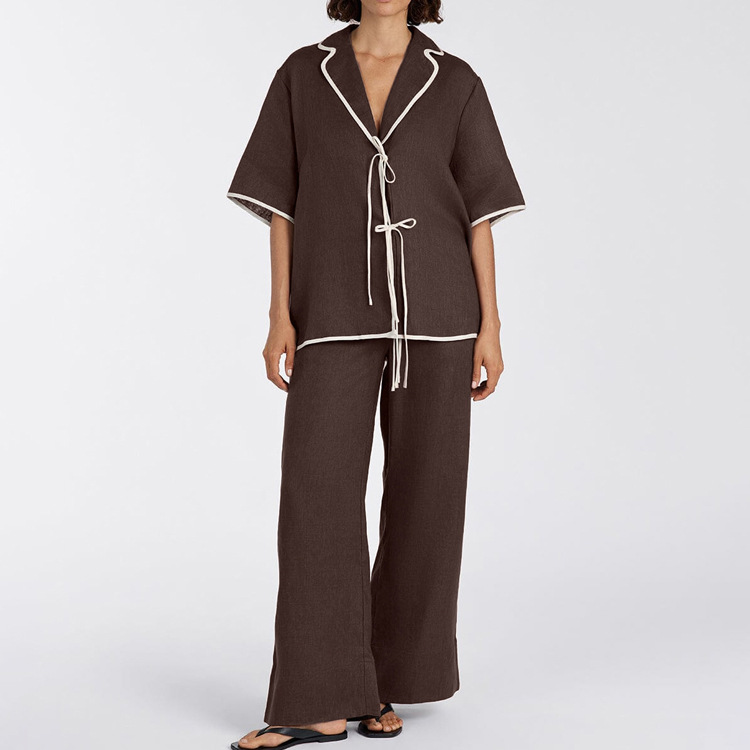 Casual Contrast Color Lapel Tied Cardigan Top Wide Leg Pants Two-piece Set