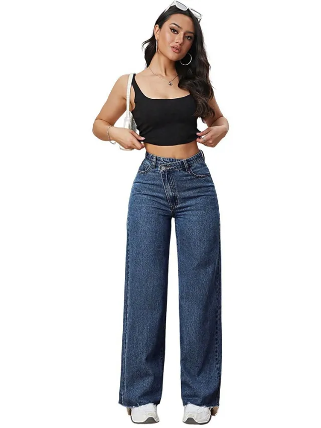 Light Color And Water Scrubbing Casual Narrow Wide Leg Pants Jeans Dark Blue - Shop at LoveMi