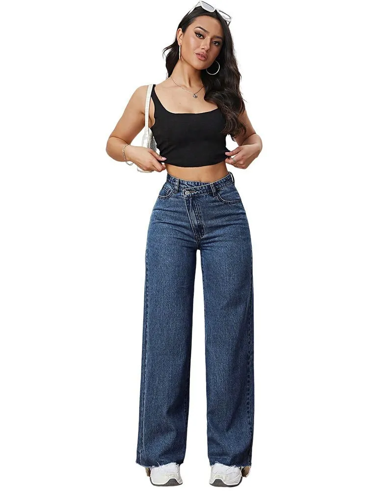 Light Colour And Water Scrubbing Casual Narrow Wide Leg Pants Jeans - Dark Blue