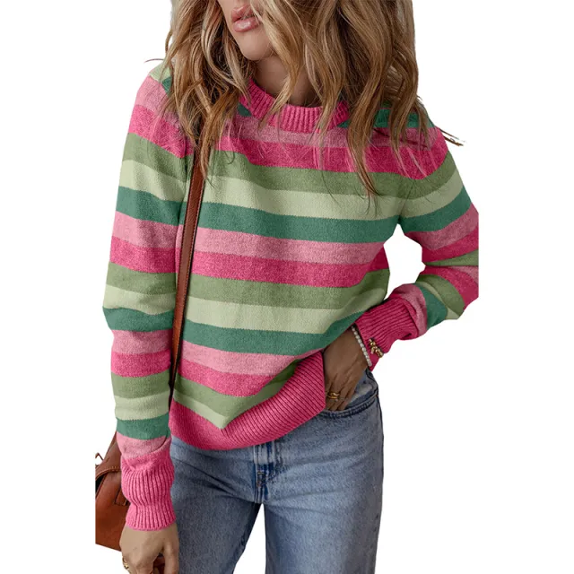 Autumn Pullover Round Neck Long Sleeves Women's Casual Simple Color Matching Printed Sweater Green - Shop at LoveMi