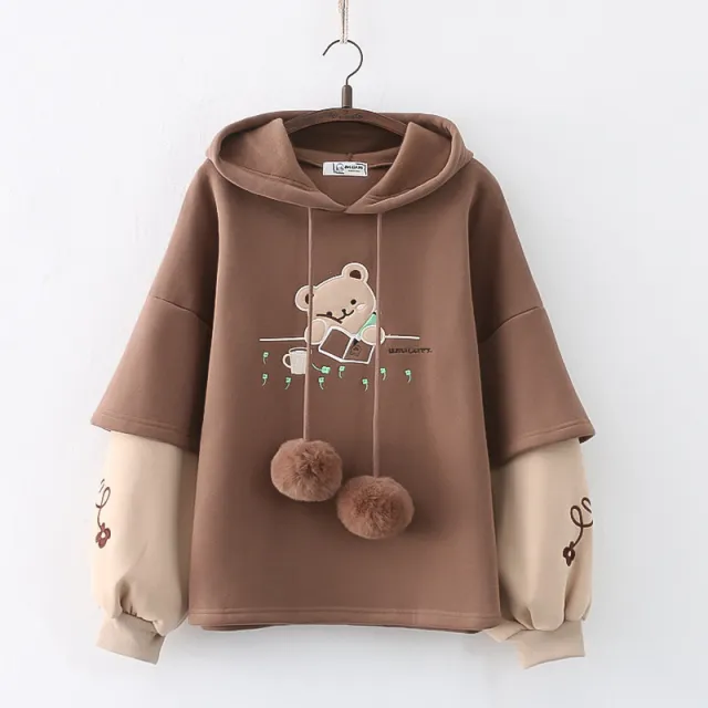 Japanese Mori Winter Fleece lined Thickening Embroidery Painting Bear Hooded Pullover Women's Sweater Brown - Shop at LoveMi