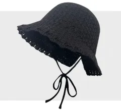 Knitted Lace-up Bow Lace Gentle Outing Sunshade Mori Bucket Hat - Black - View 1