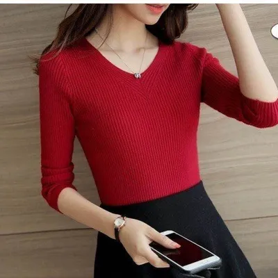 Women's Slim fit Long sleeved Pullover Skinny V neck Sweater Wine Red - Shop at LoveMi