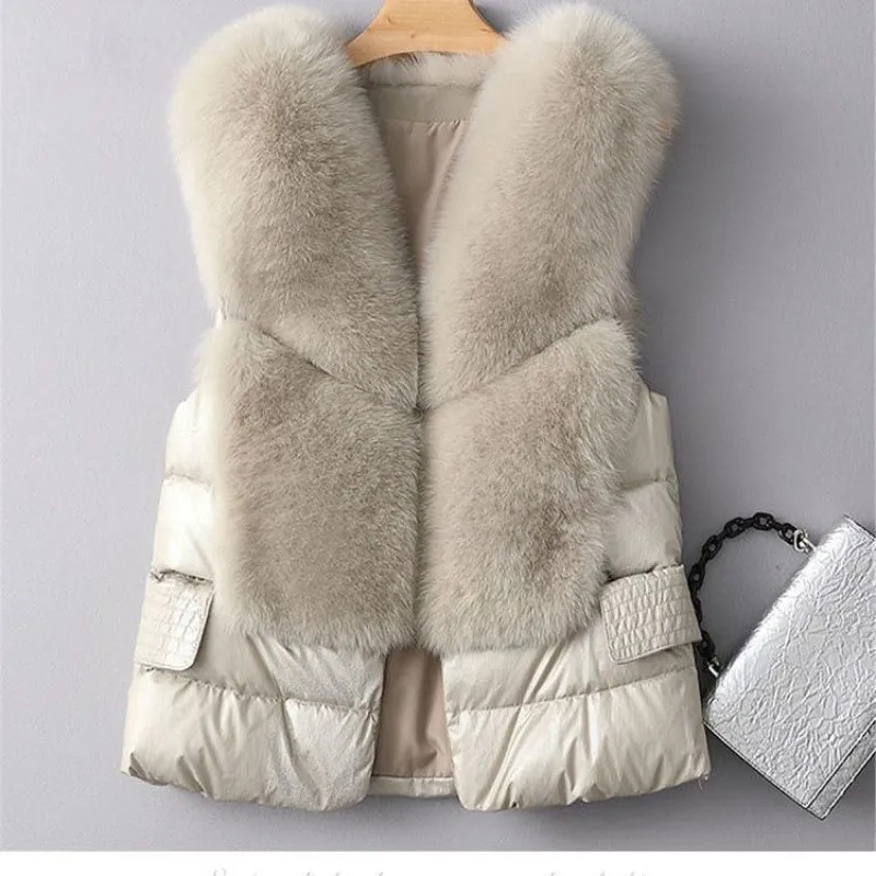 Winter Short Down Jacket Women's Imitation Fox Fur Woolen Women's Winter Wear Vest Cardigan - Light Gray