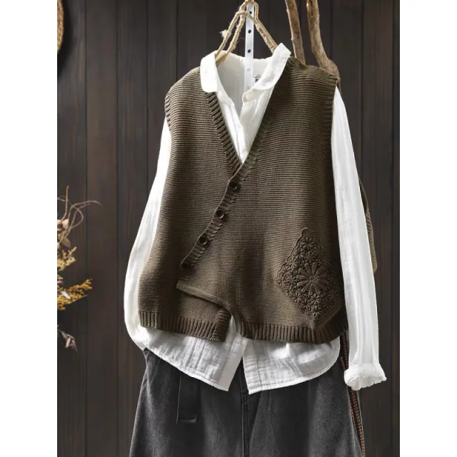 Women's V neck Cotton Knitted Vest Cardigan Dark Khaki Cloth Color - Shop at LoveMi