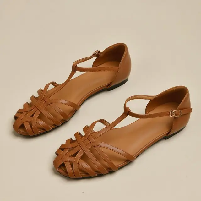 Women's T shaped Solid Color Flat Sandals Brown - Shop at LoveMi