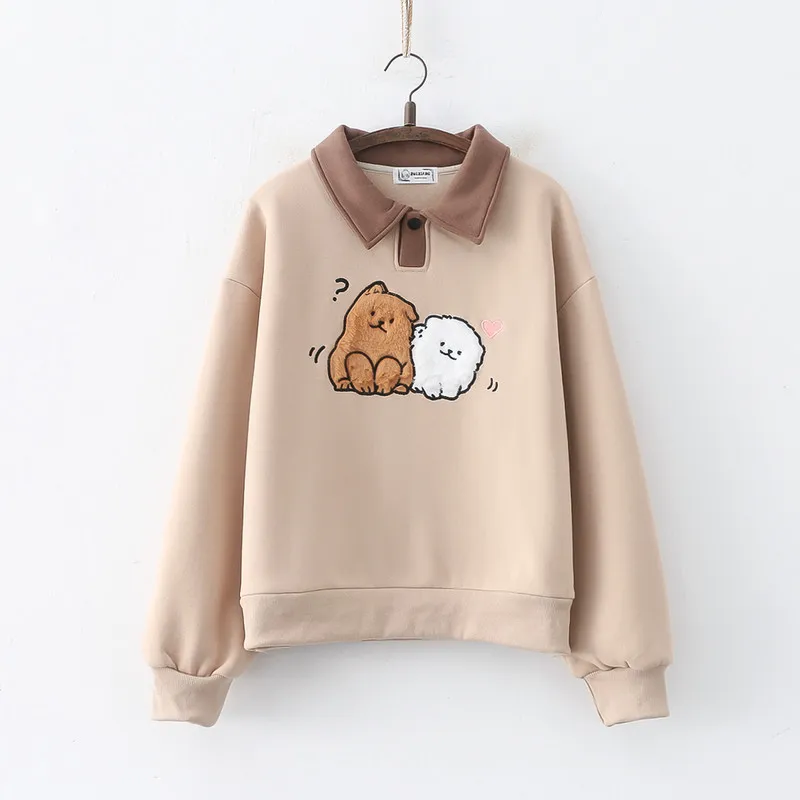 Winter Cartoon Wool Embroidery Puppy Thickened Pullover Long Sleeve Sweater - Khaki