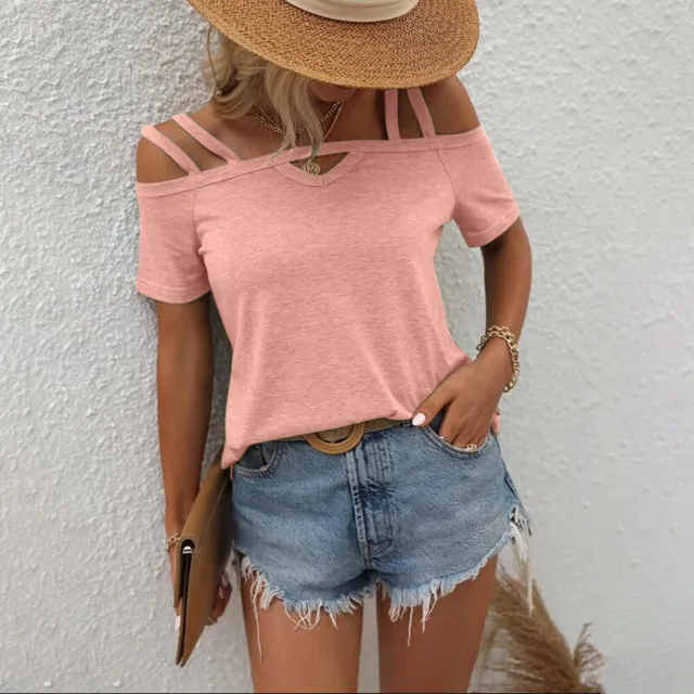 Solid Color Short Sleeve Double Strap Boat Neck Top Pink - Shop at LoveMi