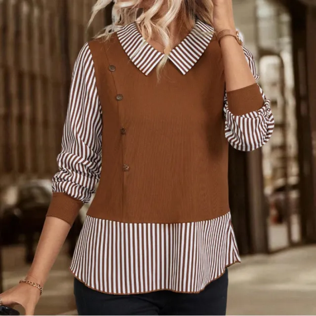 Girl's Long sleeved Fashionable Striped Shirt Brown - Shop at LoveMi