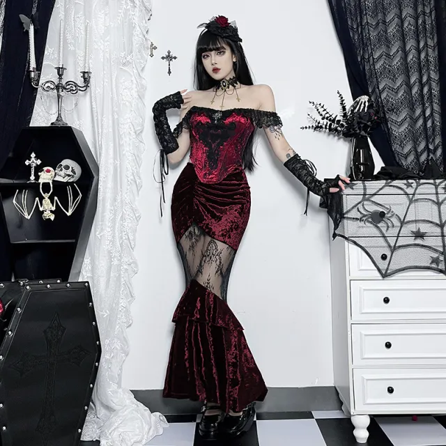 See through Embossed Dress Dark Style Elegant Suede Lace Stitching Skirt Wine Red - Shop at LoveMi