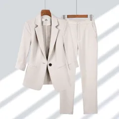 Casual Blazer Set Solid Colour Lapel Single-breasted Jacket And Zipper Straight Pants Women's Office Business Suit - Beige Suit Outfit Top Pants - View 1