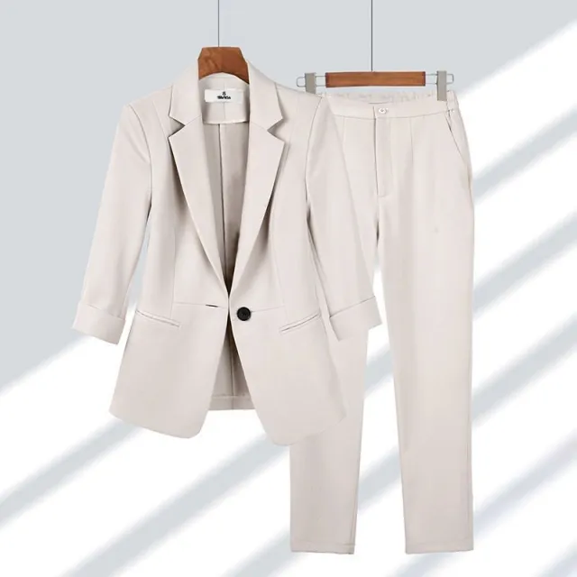 Casual Blazer Set Solid Color Lapel Single breasted Jacket And Zipper Straight Pants Women's Office Business Suit Beige - Shop at LoveMi