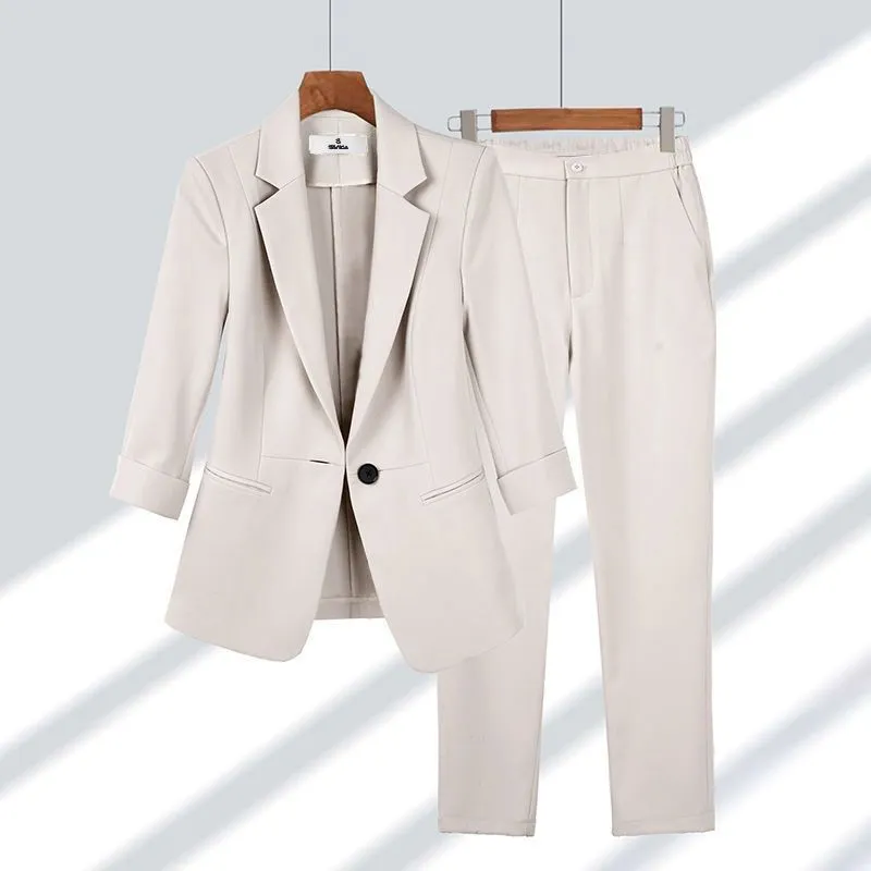 Casual Blazer Set Solid Color Lapel Single-breasted Jacket And Zipper Straight Pants Women's Office Business Suit - Beige