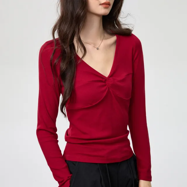 Women's Elegant Deep V neck Knot Long Sleeve Top Noble Red - Shop at LoveMi