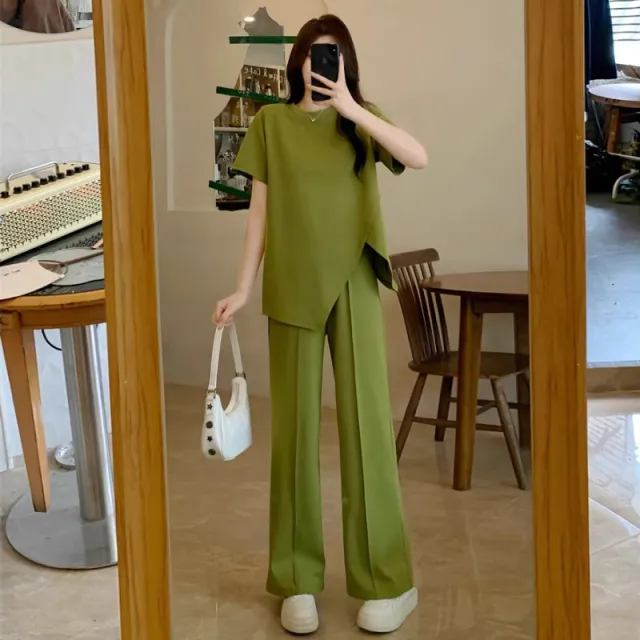 T shirt And Casual Wide leg Pants Two piece Set Green - Shop at LoveMi
